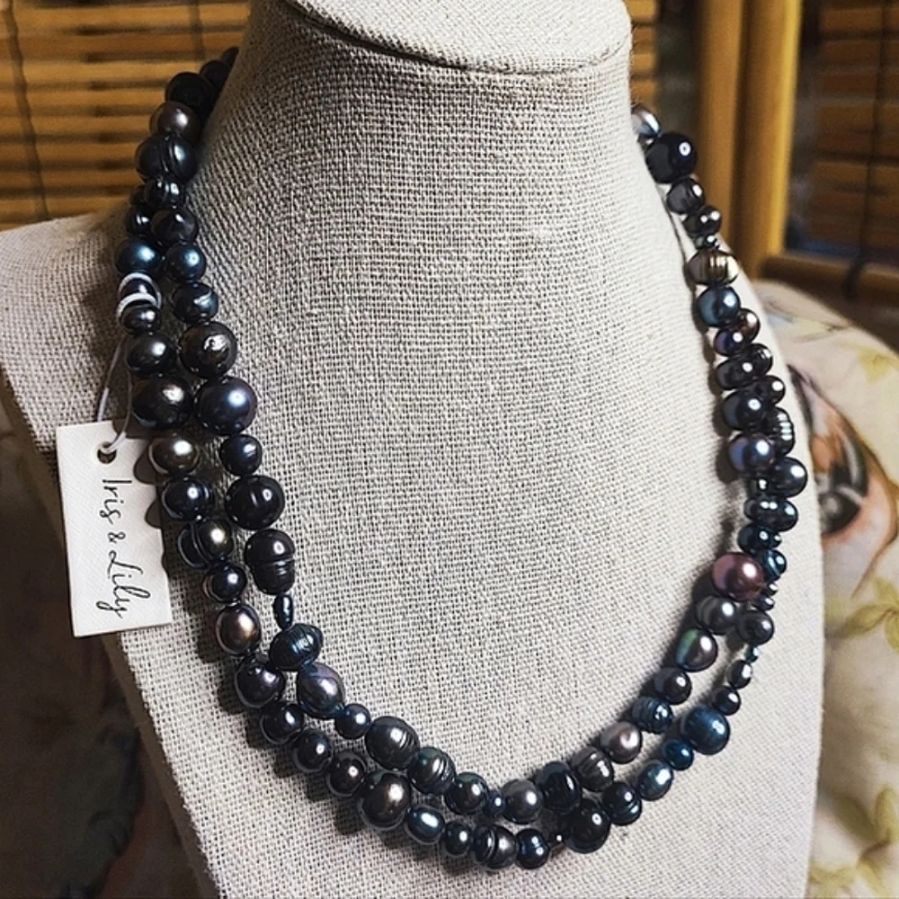 Peacock Freshwater Pearl Blue Gray Green Purple Single Strand Necklace Oil Slick